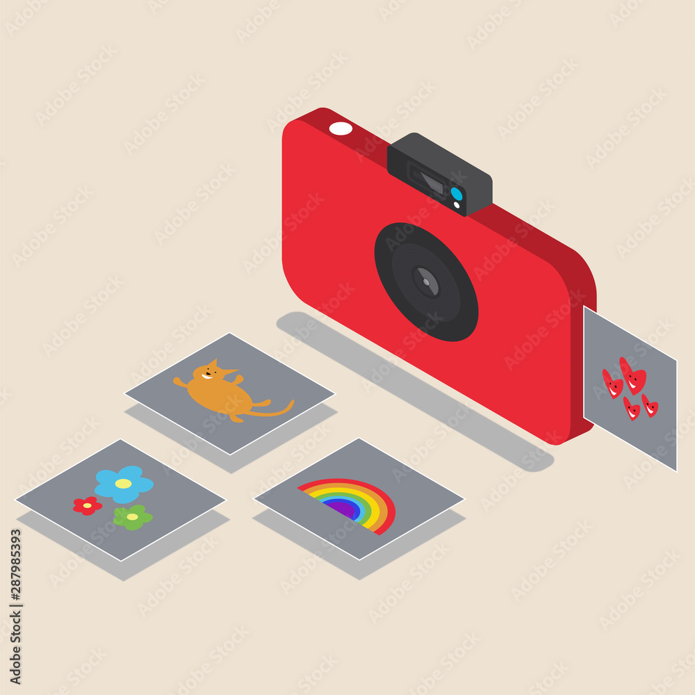 Bright flat camera for snapshots. A snapshot appears with photos of flowers. Lens. Thin gadget for photos. Photocard. Flat style editable vector illustration