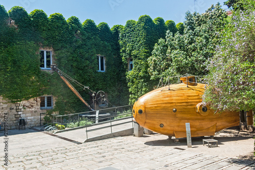 Submarine at the courtyard of the Maritime Museum - Barcelona. A submarine on display at the Maritime Museum (Museu Maritim) in Barcelona, Spain