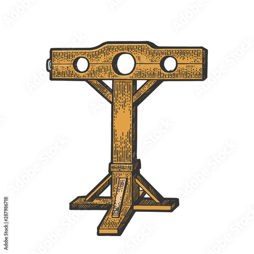 Stocks medieval torture device color sketch engraving vector illustration. Tee shirt apparel print design. Scratch board style imitation. Hand drawn image.