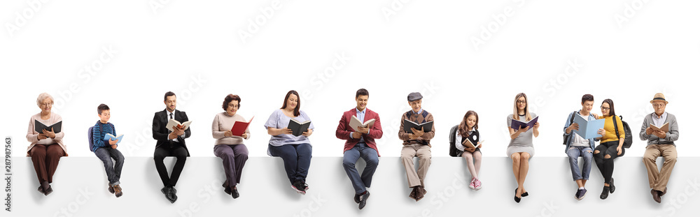 Old and young people sitting on a banner reading books - obrazy, fototapety, plakaty 