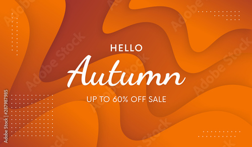 Hello Autumn trendy banner. Cool fall promo illustration with liquid background vector design.