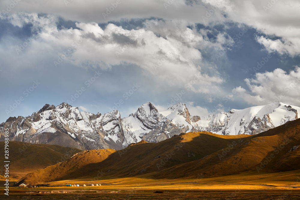 Mountain valley and yurt camp in Kyrgyzstan