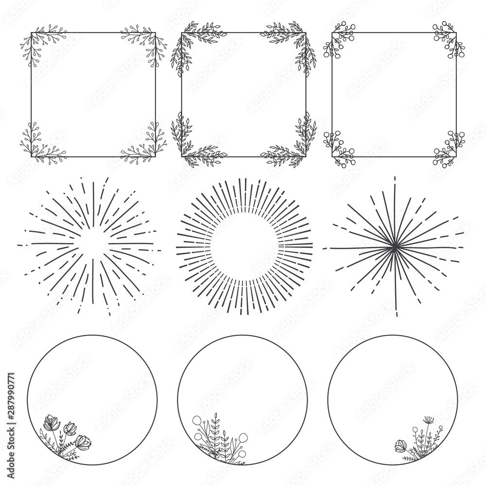 Hand Drawn Collection of Round, Square Floral Frame and Sunburst. Herbs and Flowers Frame with place for text