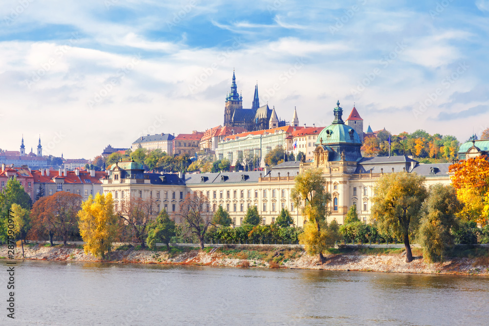 Prague Castle. The picturesque autumn view on the famous tourists attraction of Prague