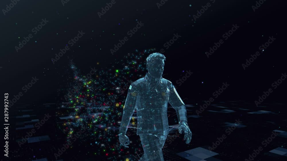Abstract digital male walks in digital space generating a cloud of color data symbols of particles gathering in a big data. The concept of bigdata with text title, big brother, digital spy. Abstract digital male walks in digital space generating a cloud of color data symbols of particles gathering in a big data. The concept of bigdata with text title, big brother, digital spy.