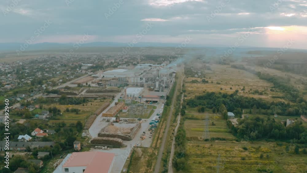 Wood waste boards manufacturing plant in western Ukraine in a rural area 2020