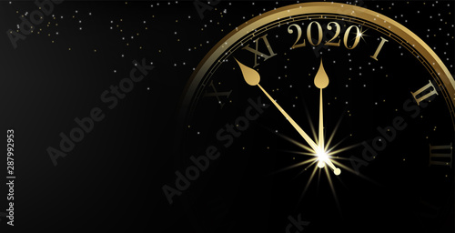 2020 Happy New Year banner on black background and sparkle bokeh with gold clock, Vector illustration