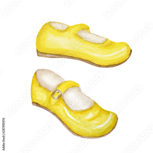 Yellow girl shoes for children, smart kids fashion shoes collection. Hand painted watercolor illustration on white background.