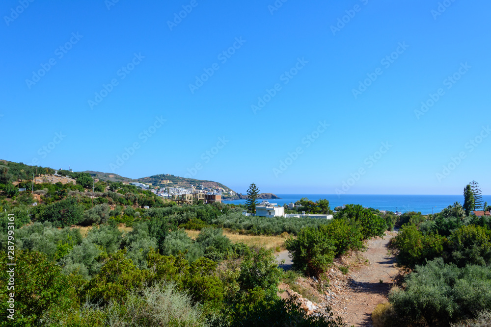 the view from the hill to the olive groves, the Greek village, the Bay and the Mediterranean sea