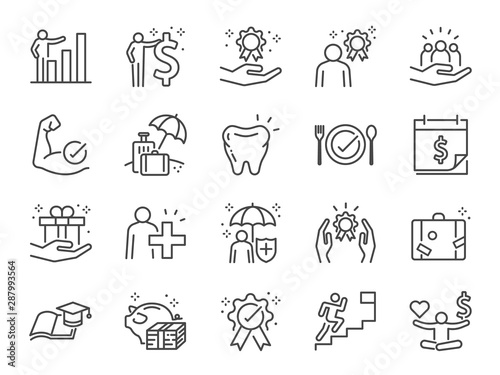 Employees benefits line icon set. Included icons as Teamwork, people relationship, Growth chart, staff perks, insurance and more. photo