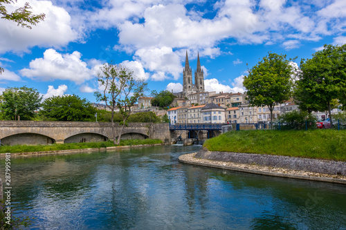 A view of Niort from the quay of Sevre Niortaise river, Deux-Sevres, Poitou-Charentes region, France