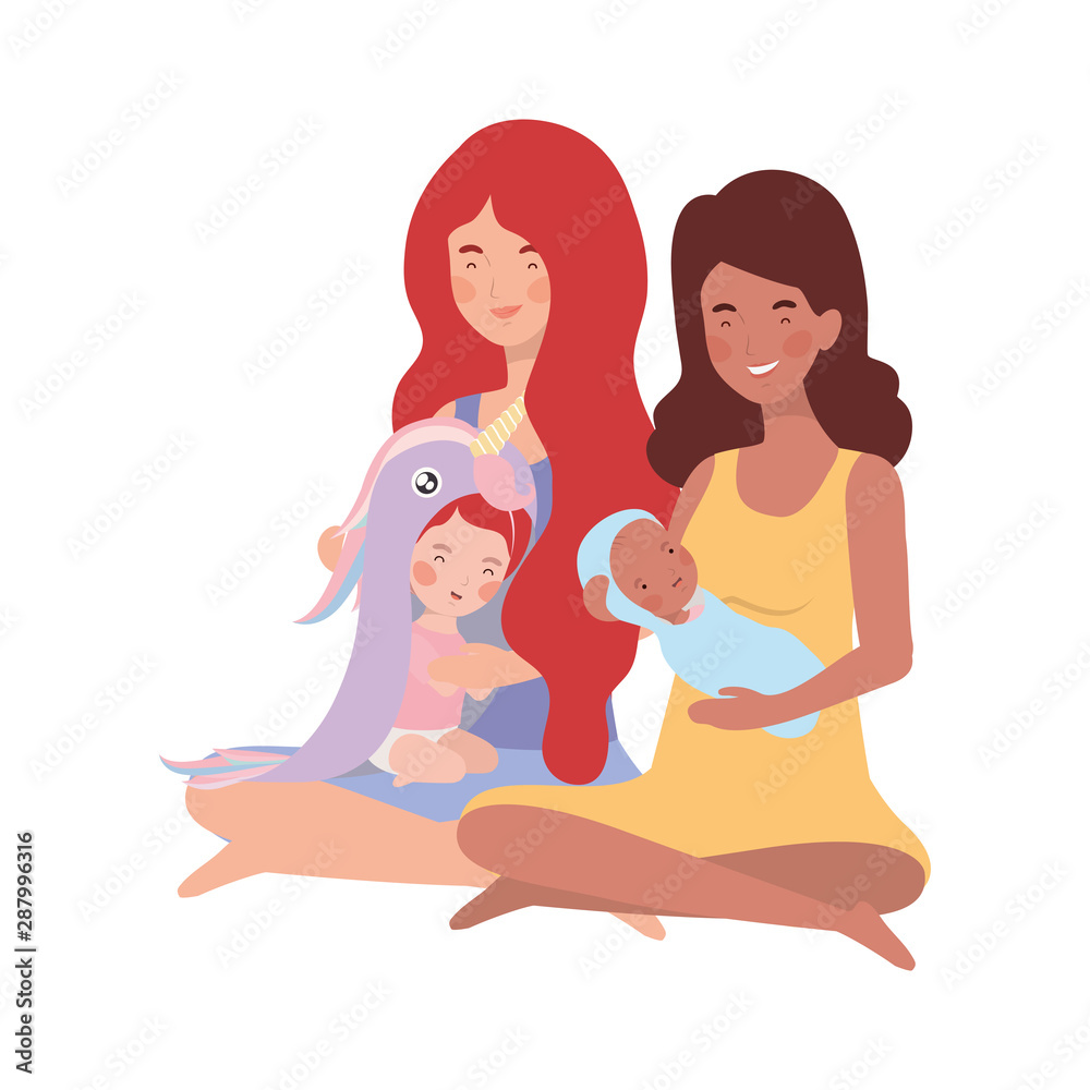 interracial pregnancy mothers seated lifting little babies characters