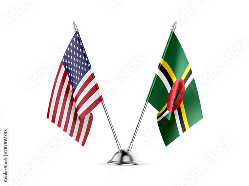 Desk flags, United States  America  and Dominica, isolated on white background. 3d image