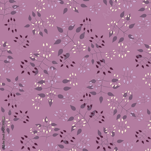A seamless vector pattern with purple doodle leaves. Surface print design