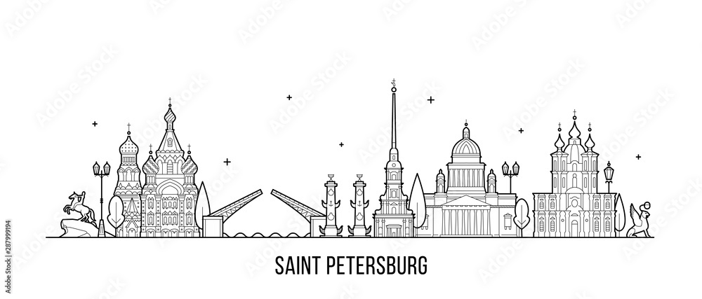 Saint Petersburg skyline Russia city vector linear - obrazy, fototapety, plakaty 