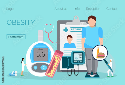 Obesity landing page. Tiny doctors cure a fat man, measure blood pressure, blood sugar, weight.