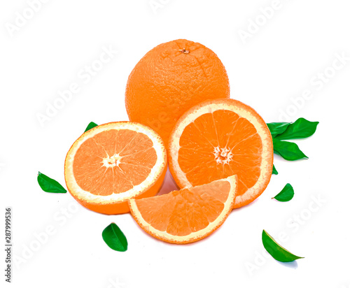 fresh group orange fruits slice cut half decoration with green leaves isolated white background