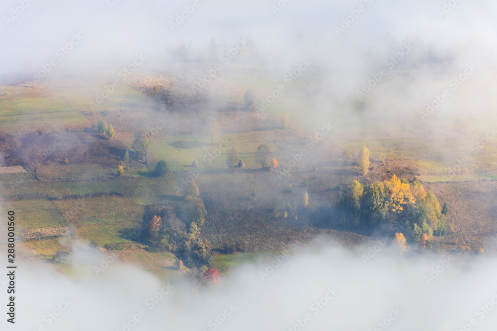 Aerial view - Fog in Mountains valley with colorful trees
