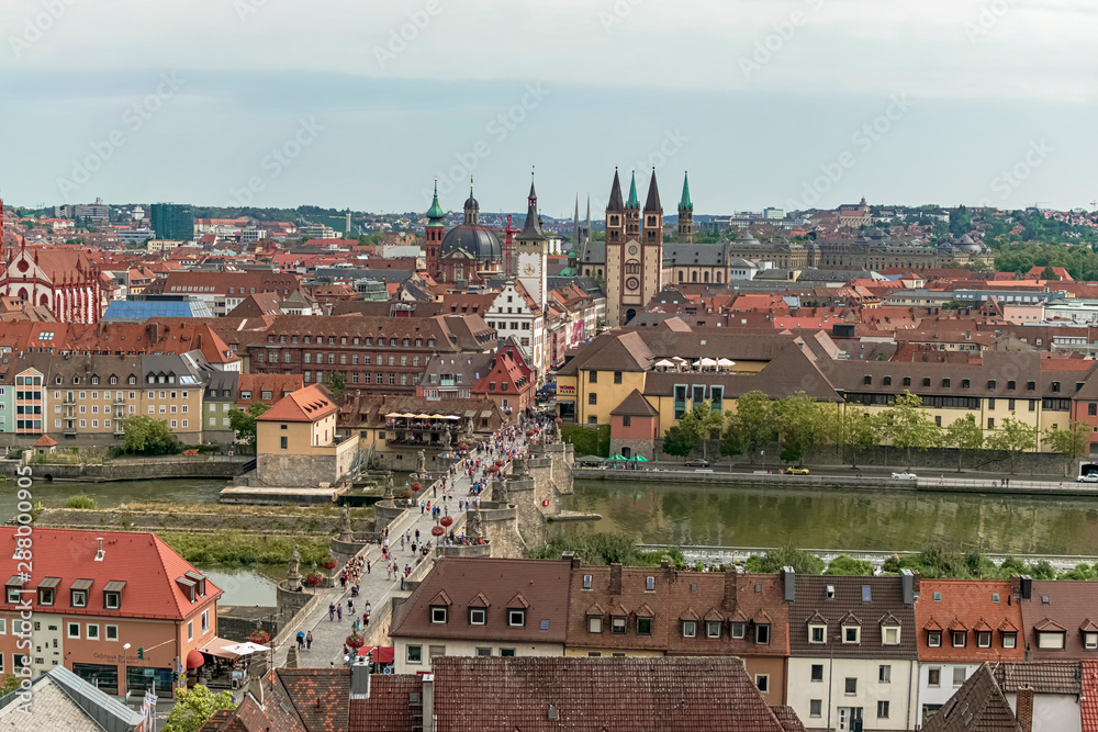 View of the city of Würzburg from Marienberg Castle where you can see the main monuments, Cathedral, Residence, Palace and others.