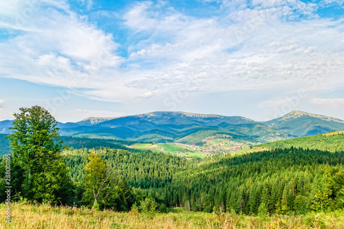 Scenic summer view of the resort Bukovel from the height, Carpathian Mountains, Ukraine