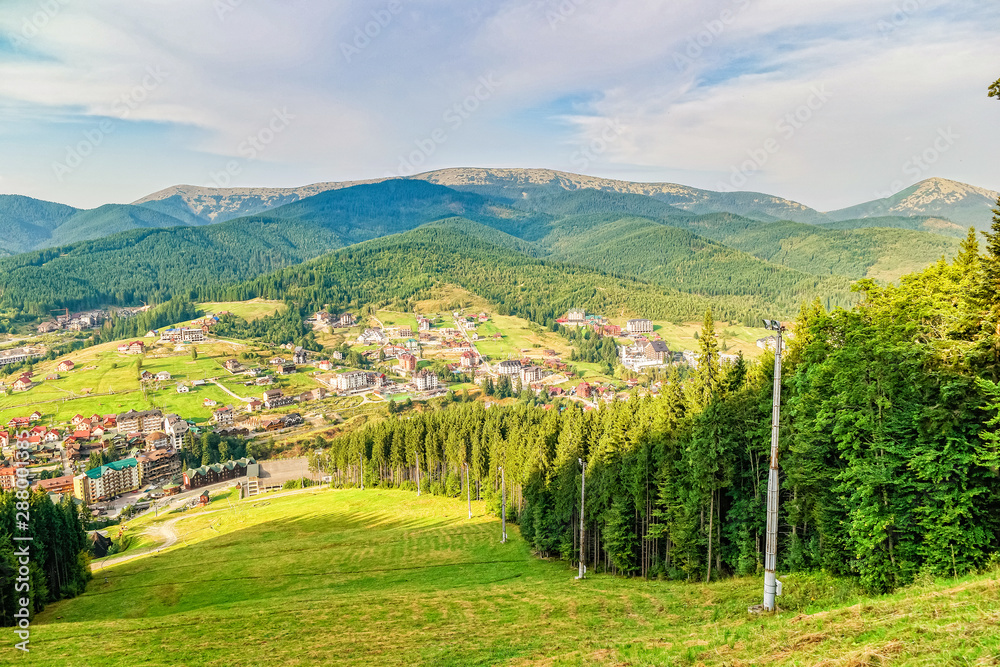 Scenic summer view of the resort Bukovel from the height, Carpathian Mountains, Ukraine