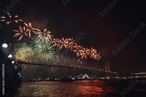 Photography fireworks on bosphorus bridge