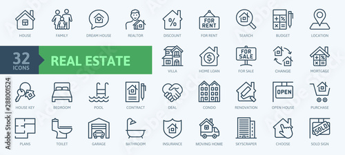 Real Estate minimal thin line web icon set. Included the icons as realty, property, mortgage, home loan and more. Outline icons collection. Simple vector illustration. photo