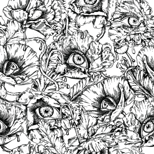 Vintage hand drawn seamless poppy flowers with tears background
