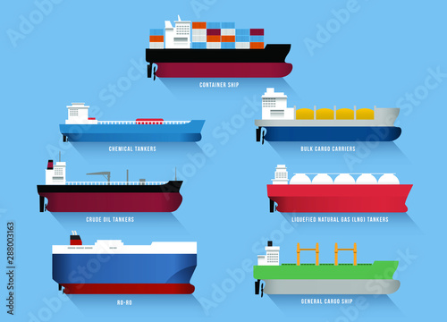 Set of transportation cargo ships, including container ship,  chemical tankers,  bulk cargo carriers, crude oil tankers, liquefied natural gas (LNG) tankers, ro-ro ship and general cargo ship. photo