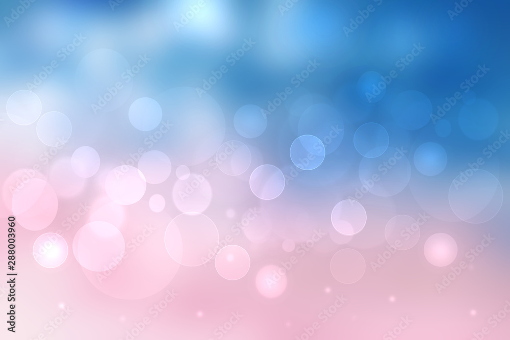 Abstract blurred vivid spring summer light delicate pastel pink blue bokeh background texture with bright soft color circles and glowing stars. Card concept. Beautiful backdrop illustration.