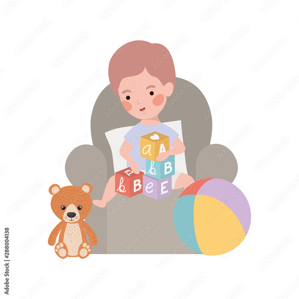 cute little boy baby with bear teddy in livingroom