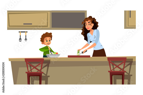 Mother with kid cooking flat vector illustration