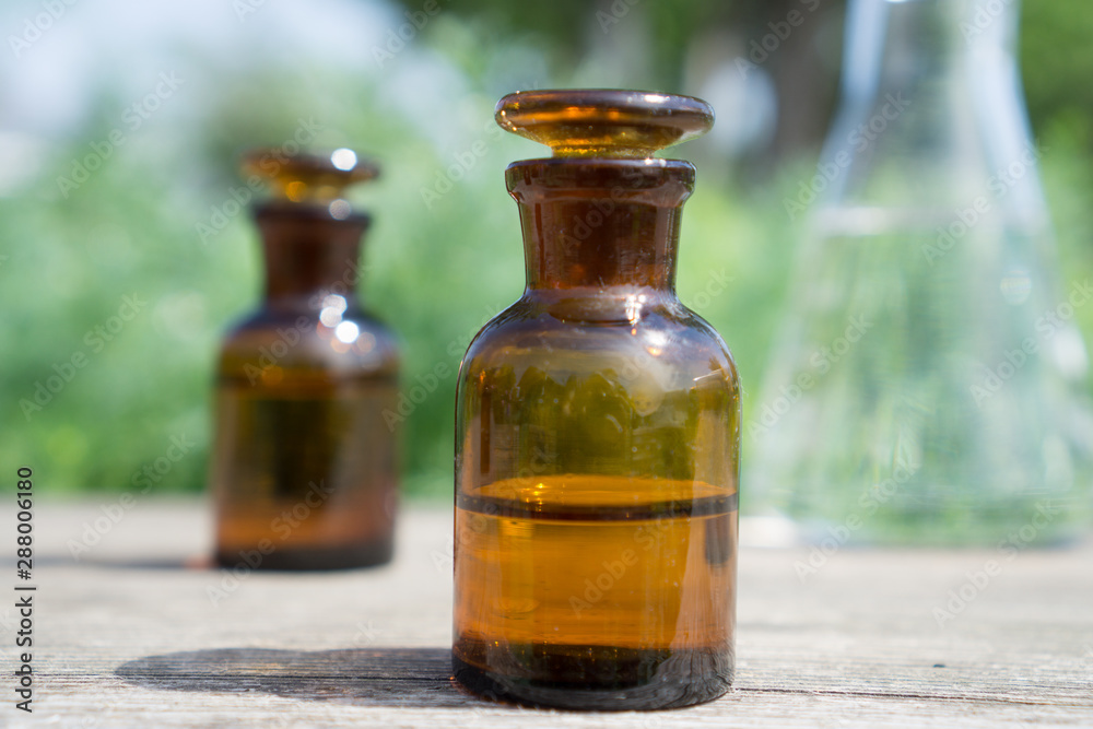 Liquid in chemical ware on a background of green plants, fertilizers or pesticides in the garden. Liquid in chemical ware on a background of green plants, fertilizers or pesticides in the garden.