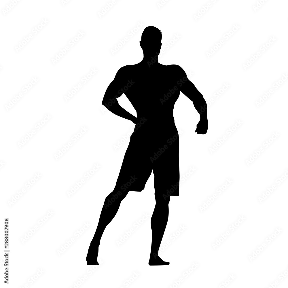 Fitness man standing and posing, healthy lifestyle, active people, isolated vector silhouette