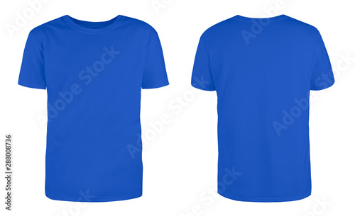 Men's blue blank T-shirt template,from two sides, natural shape on invisible mannequin, for your design mockup for print, isolated on white background...