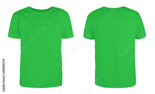 Men's green blank T-shirt template,from two sides, natural shape on invisible mannequin, for your design mockup for print, isolated on white background...