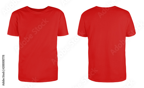 Men's red blank T-shirt template,from two sides, natural shape on invisible mannequin, for your design mockup for print, isolated on white background...