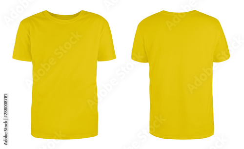 Men's yellow blank T-shirt template,from two sides, natural shape on invisible mannequin, for your design mockup for print, isolated on white background...