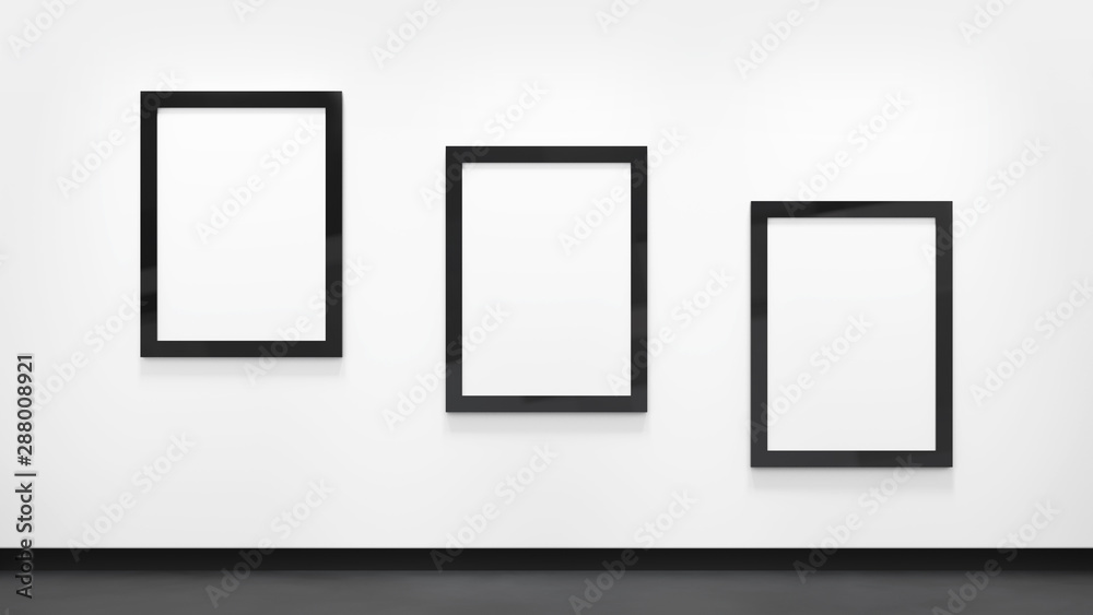 Three blank posters with black frames on the white wall. Picture gallery mockup. Three blank posters with black frames on the white wall. Picture gallery mockup.