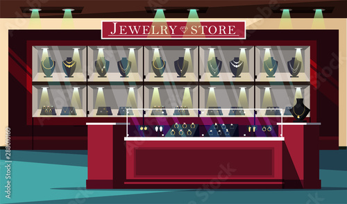 Jewelry store showcase flat vector illustration