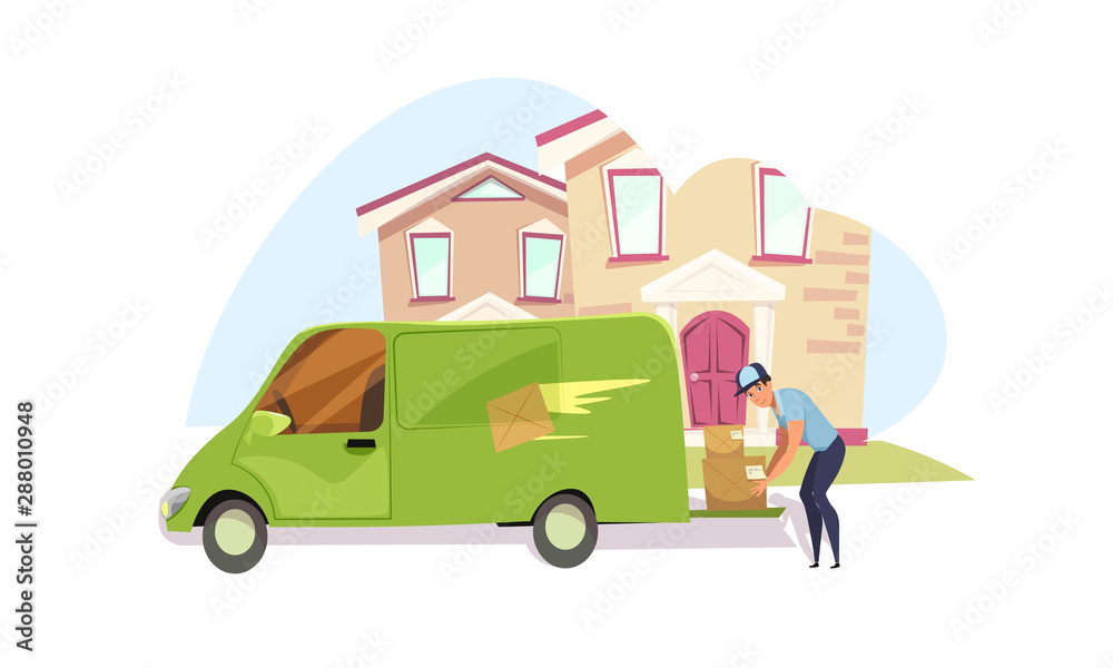Delivery guy at work flat vector illustration Delivery guy at work flat vector illustration