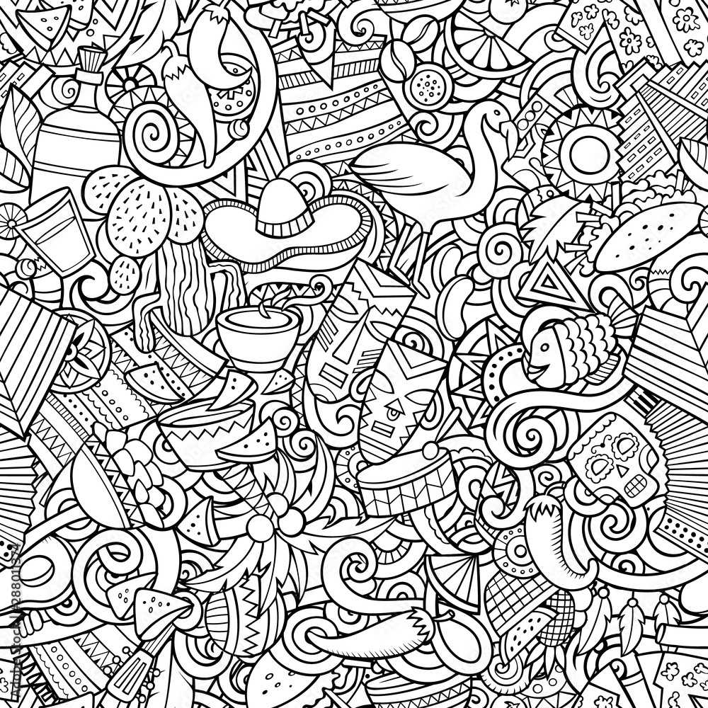 Naklejka premium Cartoon cute doodles Latin America seamless pattern