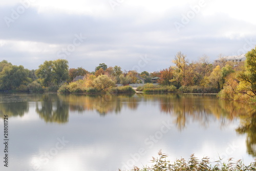 The large pond and park, autumn landscape in Eastern Europe