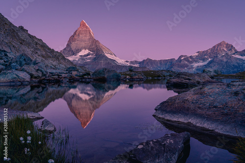 Matterhorn reflected in the Riffelsee during dawn, Zermatt, Switzerland., Alps