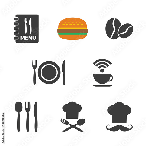 Restaurant and cafe icons set on white background.