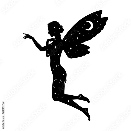 Beautiful girl fairy silhouette with crescent moon and stars in profile isolated. Boho chic tattoo, sticker or print design vector illustration.