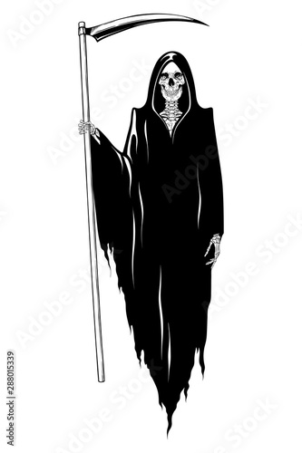 Grim Reaper with the scythe posing isolated vector illustration. Hand drawn gothic style placard, poster or print design.