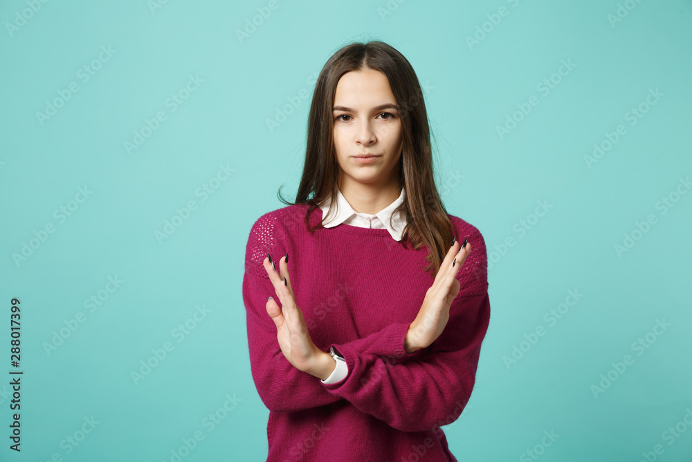 Young fun sad upset perplexed disturb woman girl showing stop gesture ...