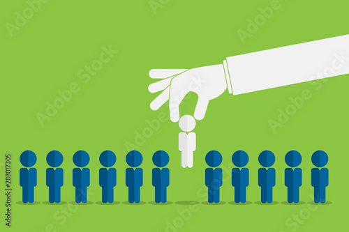 Human resources concept. Hand picking up a candidate, Vector business