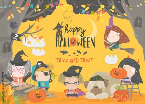 Funny children wearing in Halloween costumes. Trick or treat